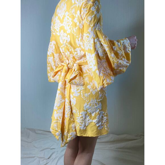 MESTIZA NY Cadiz Canary Yellow Jacquard Bell Puff Sleeve Wrap Mini Dress XSMALL - Picture 8 of 12
